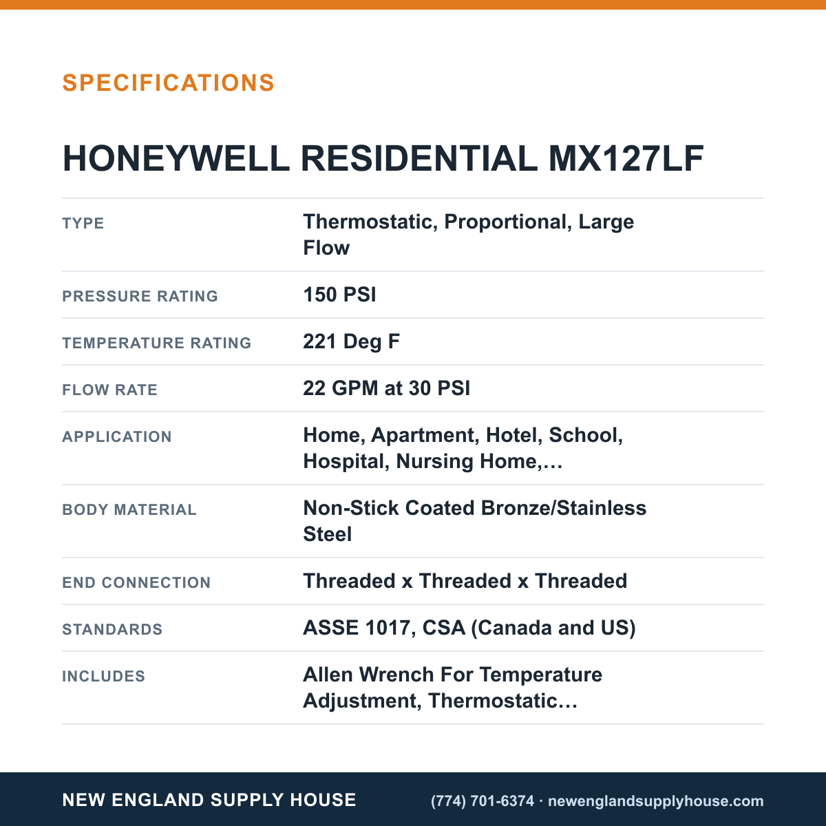Resideo - Honeywell Home MX127LF Thermostatic Mixing Valve specifications — New England Supply House [NESH-SPECTABLE-V1]