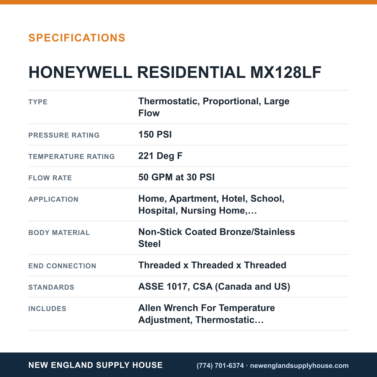 Resideo - Honeywell Home MX128LF Thermostatic Mixing Valve specifications — New England Supply House [NESH-SPECTABLE-V1]