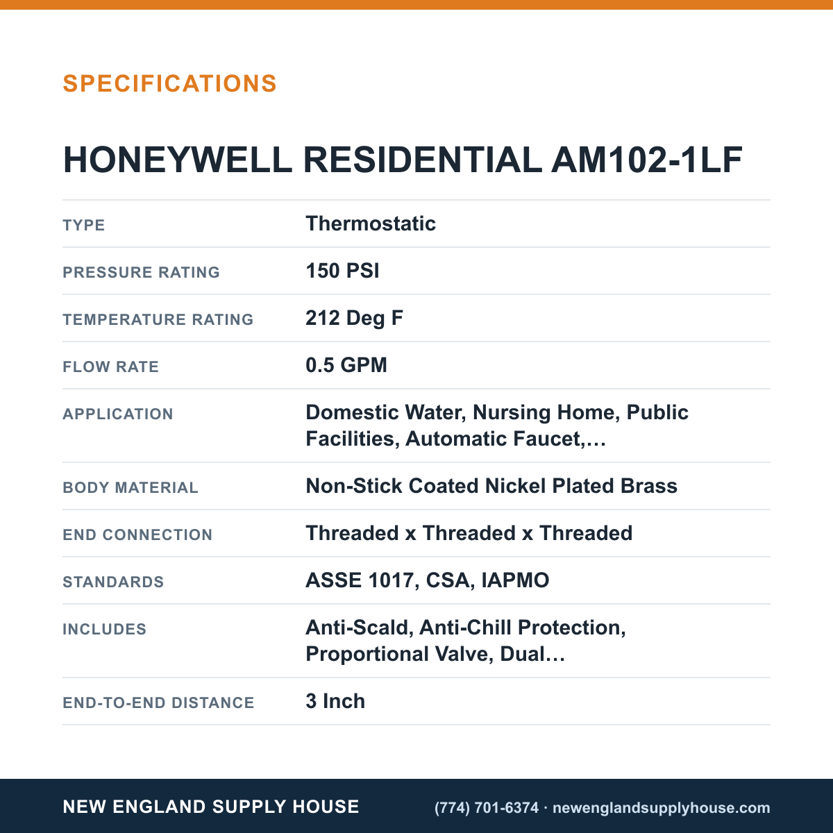 Resideo - Honeywell Home AM102-1LF Thermostatic Mixing Valve specifications — New England Supply House [NESH-SPECTABLE-V1]