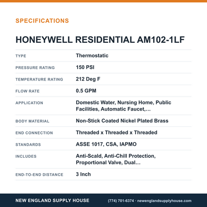 Resideo - Honeywell Home AM102-1LF Thermostatic Mixing Valve specifications — New England Supply House [NESH-SPECTABLE-V1]