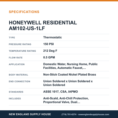 Resideo - Honeywell Home AM102-US-1LF Thermostatic Mixing Valve specifications — New England Supply House [NESH-SPECTABLE-V1]