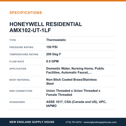 Resideo - Honeywell Home AMX102-UT-1LF Thermostatic Mixing Valve specifications — New England Supply House [NESH-SPECTABLE-V1]