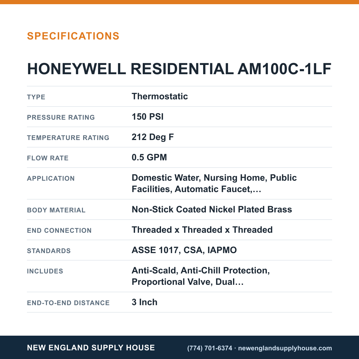 Resideo - Honeywell Home AM100C-1LF Thermostatic Mixing Valve specifications — New England Supply House [NESH-SPECTABLE-V1]