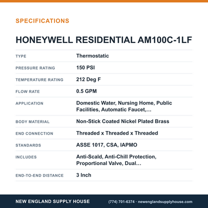 Resideo - Honeywell Home AM100C-1LF Thermostatic Mixing Valve specifications — New England Supply House [NESH-SPECTABLE-V1]