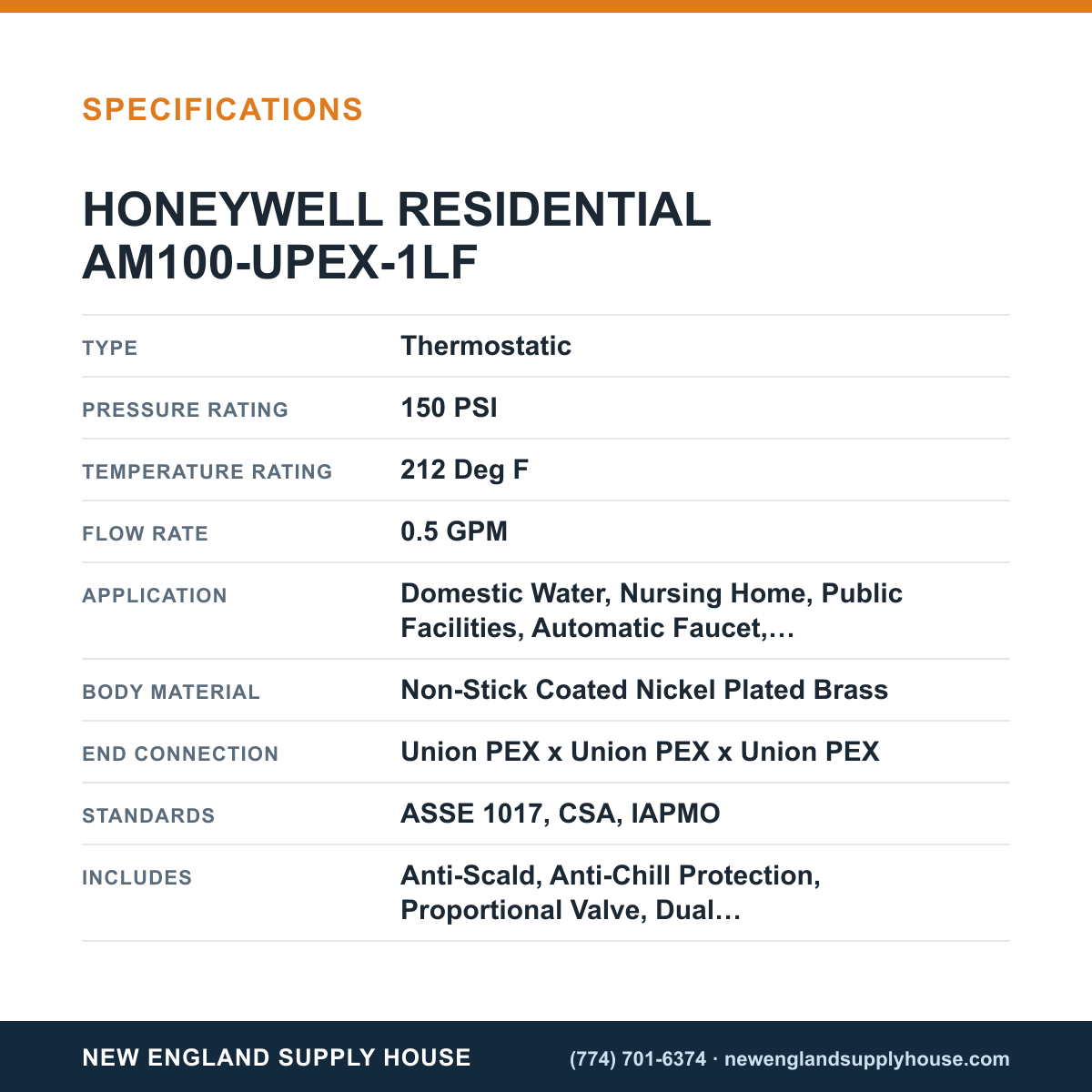 Resideo - Honeywell Home AM100-UPEX-1LF Thermostatic Mixing Valve specifications — New England Supply House [NESH-SPECTABLE-V1]