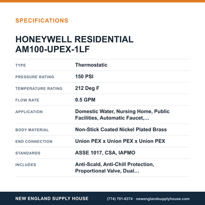 Resideo - Honeywell Home AM100-UPEX-1LF Thermostatic Mixing Valve specifications — New England Supply House [NESH-SPECTABLE-V1]