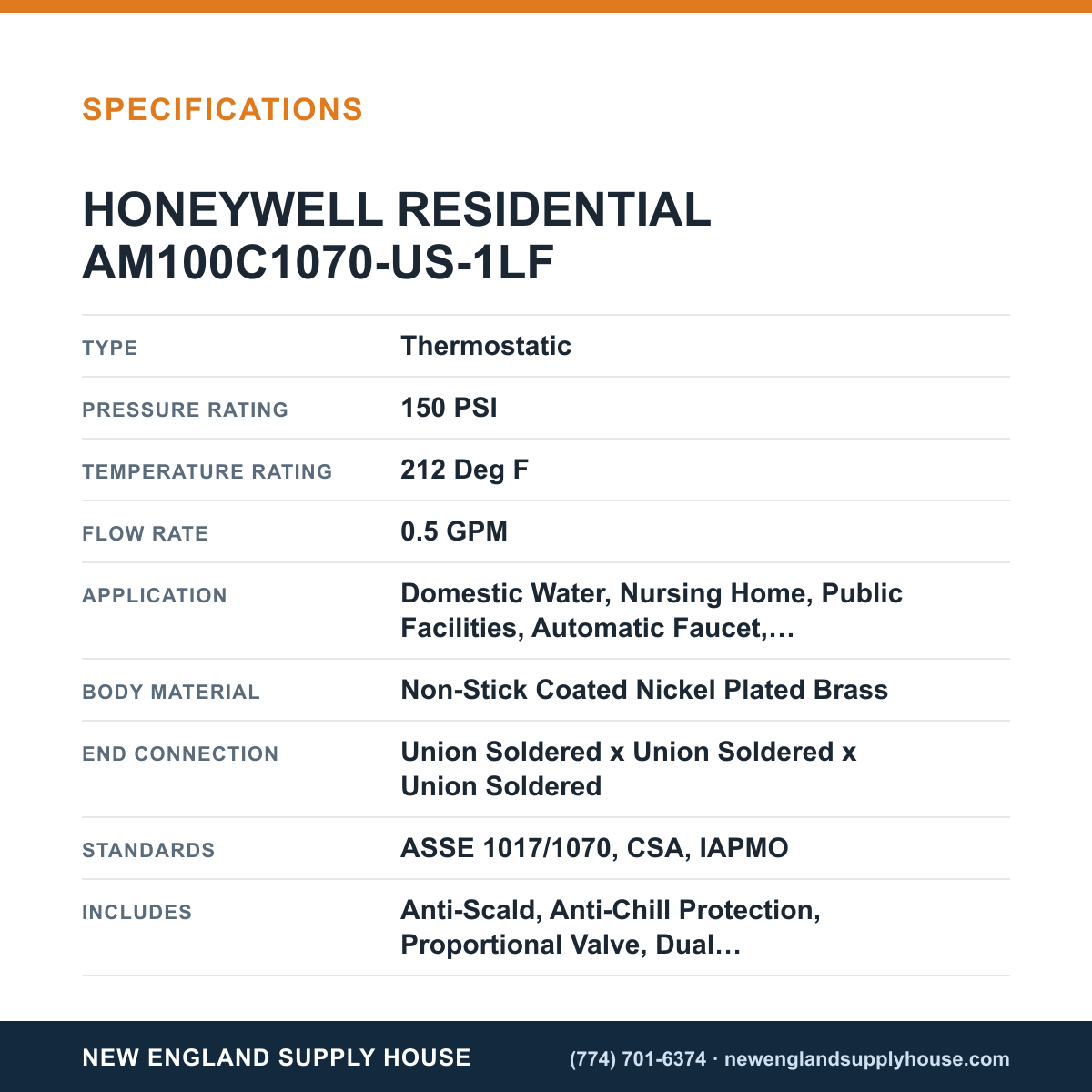 Resideo - Honeywell Home AM100C1070-US-1LF Thermostatic Mixing Valve specifications — New England Supply House [NESH-SPECTABLE-V1]