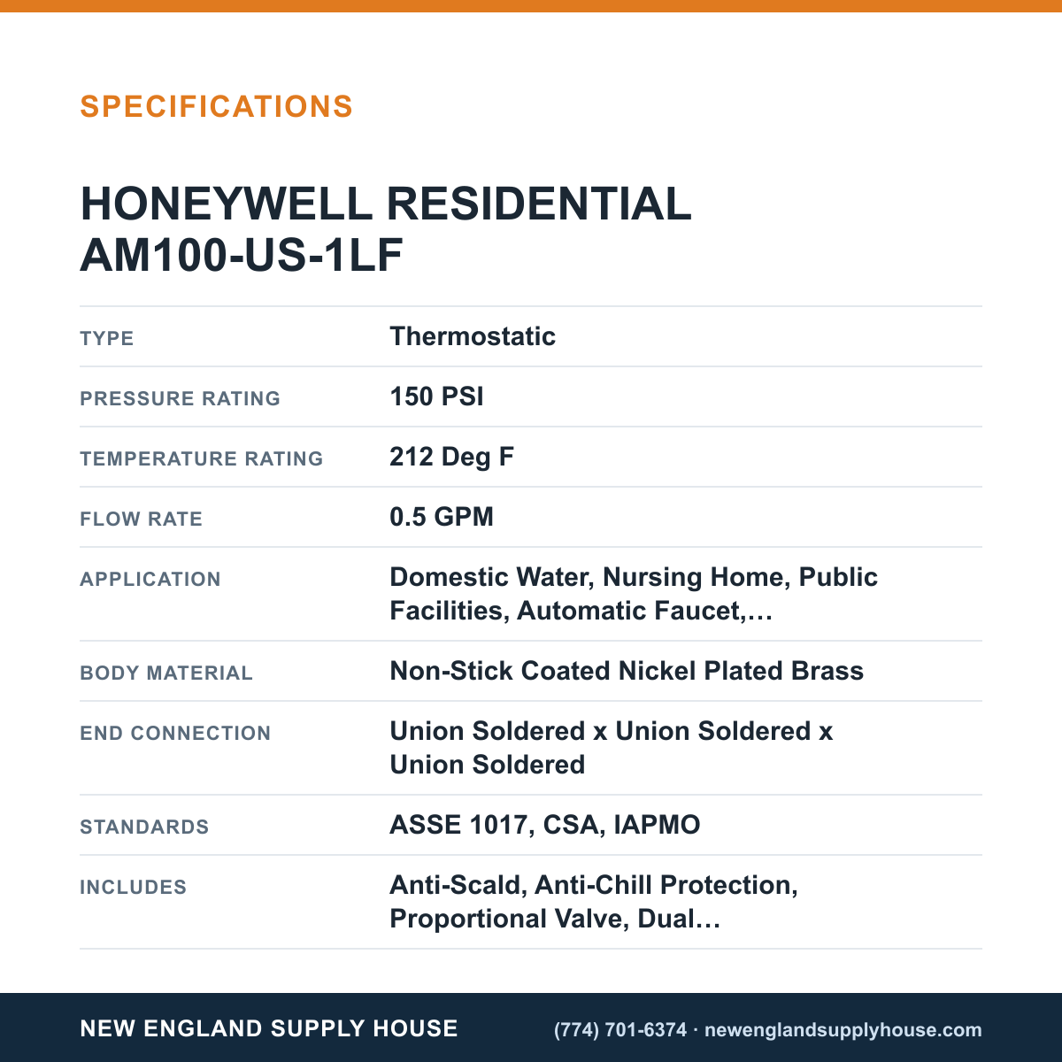 Resideo - Honeywell Home AM100-US-1LF Thermostatic Mixing Valve specifications — New England Supply House [NESH-SPECTABLE-V1]