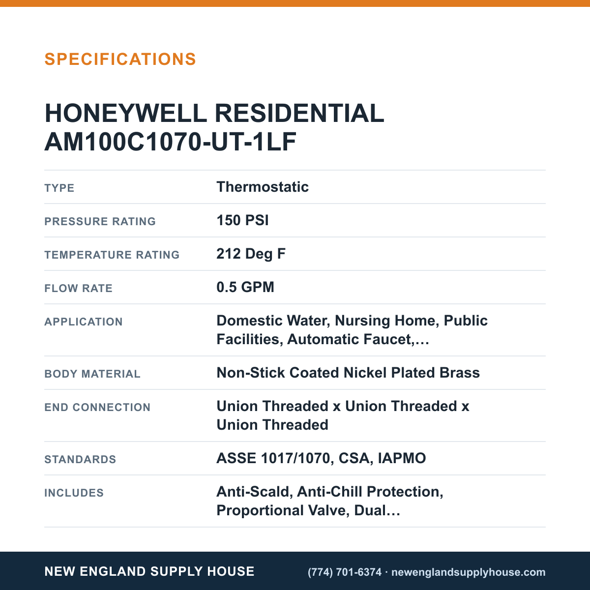Resideo - Honeywell Home AM100C1070-UT-1LF Thermostatic Mixing Valve specifications — New England Supply House [NESH-SPECTABLE-V1]