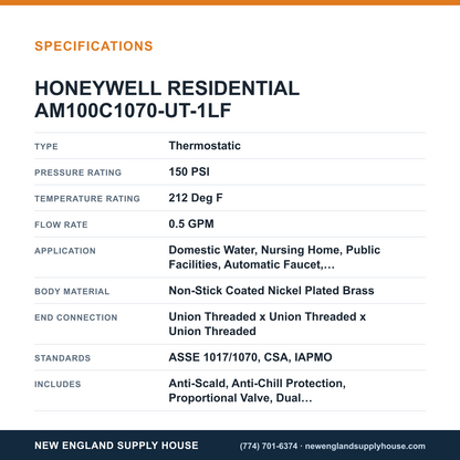Resideo - Honeywell Home AM100C1070-UT-1LF Thermostatic Mixing Valve specifications — New England Supply House [NESH-SPECTABLE-V1]