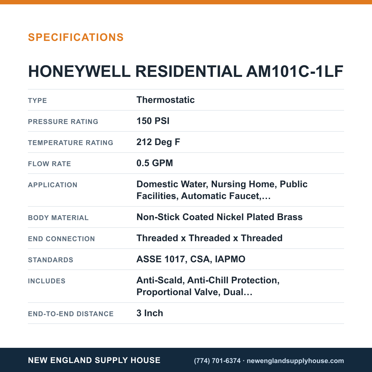 Resideo - Honeywell Home AM101C-1LF Thermostatic Mixing Valve specifications — New England Supply House [NESH-SPECTABLE-V1]
