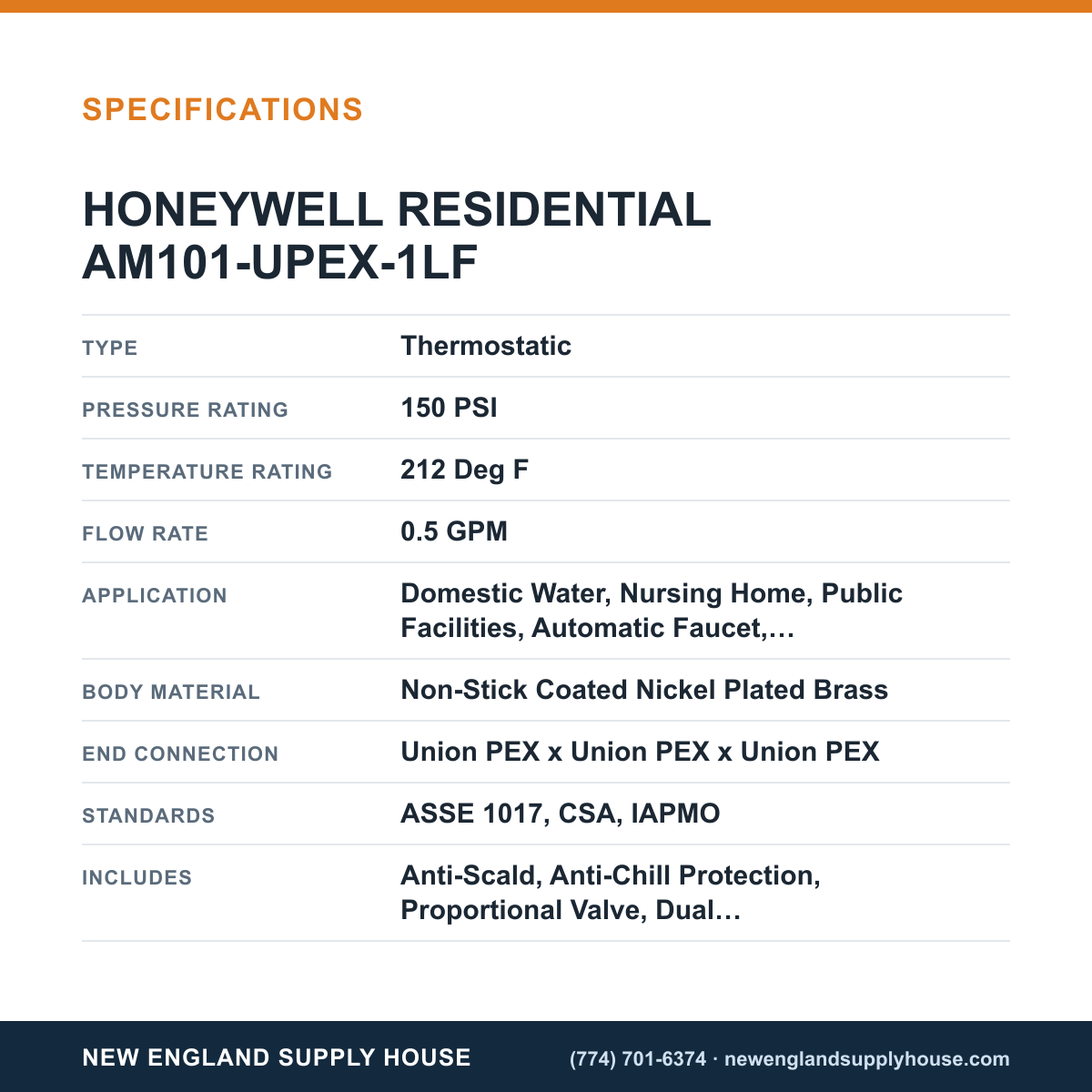 Resideo - Honeywell Home AM101-UPEX-1LF Thermostatic Mixing Valve specifications — New England Supply House [NESH-SPECTABLE-V1]