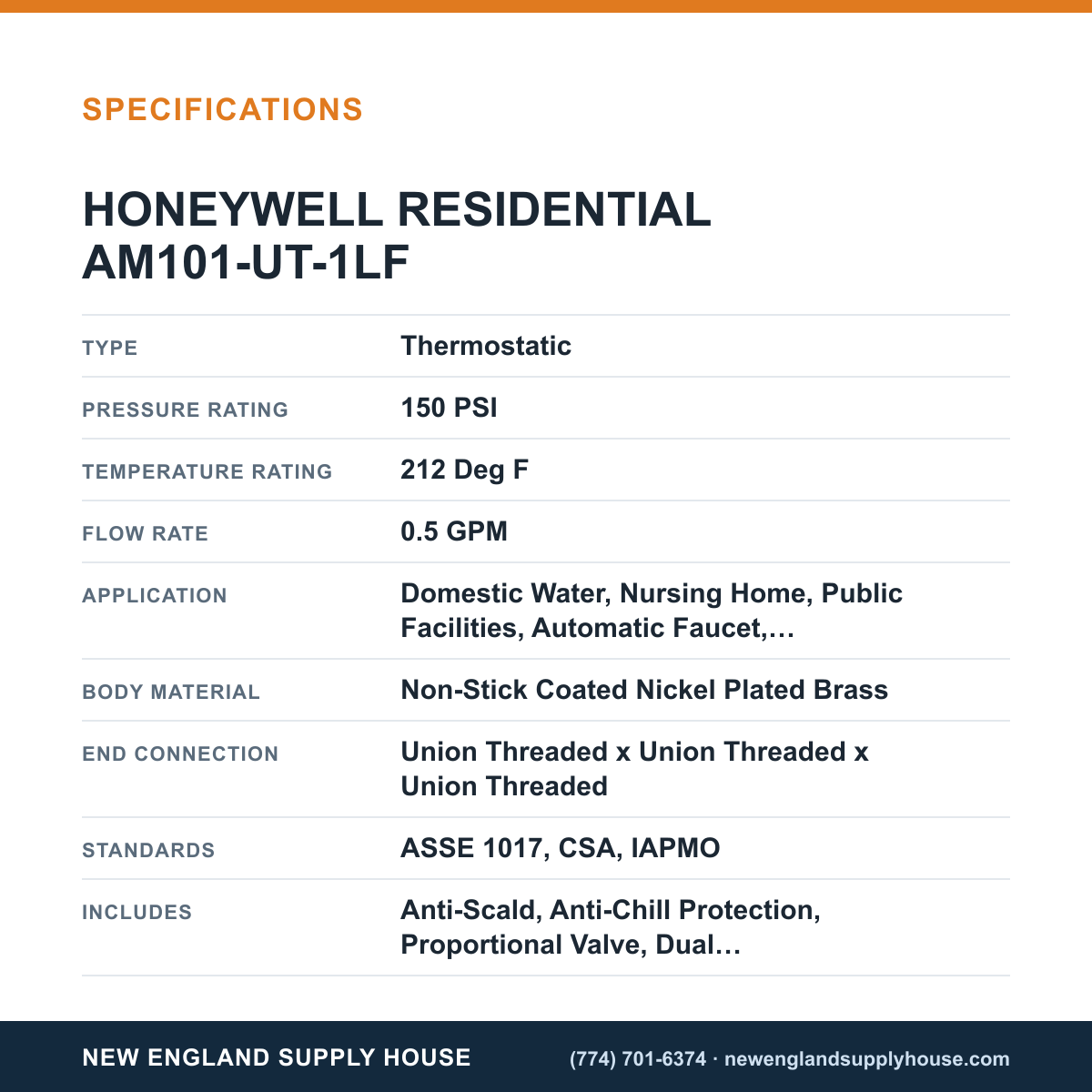 Resideo - Honeywell Home AM101-UT-1LF Thermostatic Mixing Valve specifications — New England Supply House [NESH-SPECTABLE-V1]