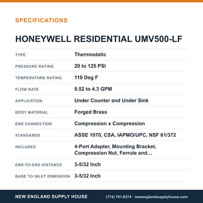 Resideo - Honeywell Home UMV500-LF Thermostatic Mixing Valve specifications — New England Supply House [NESH-SPECTABLE-V1]