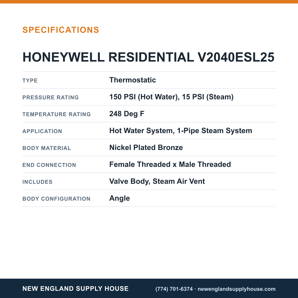 Resideo - Honeywell Home V2040ESL25 Thermostatic Radiator Valve specifications — New England Supply House [NESH-SPECTABLE-V1]