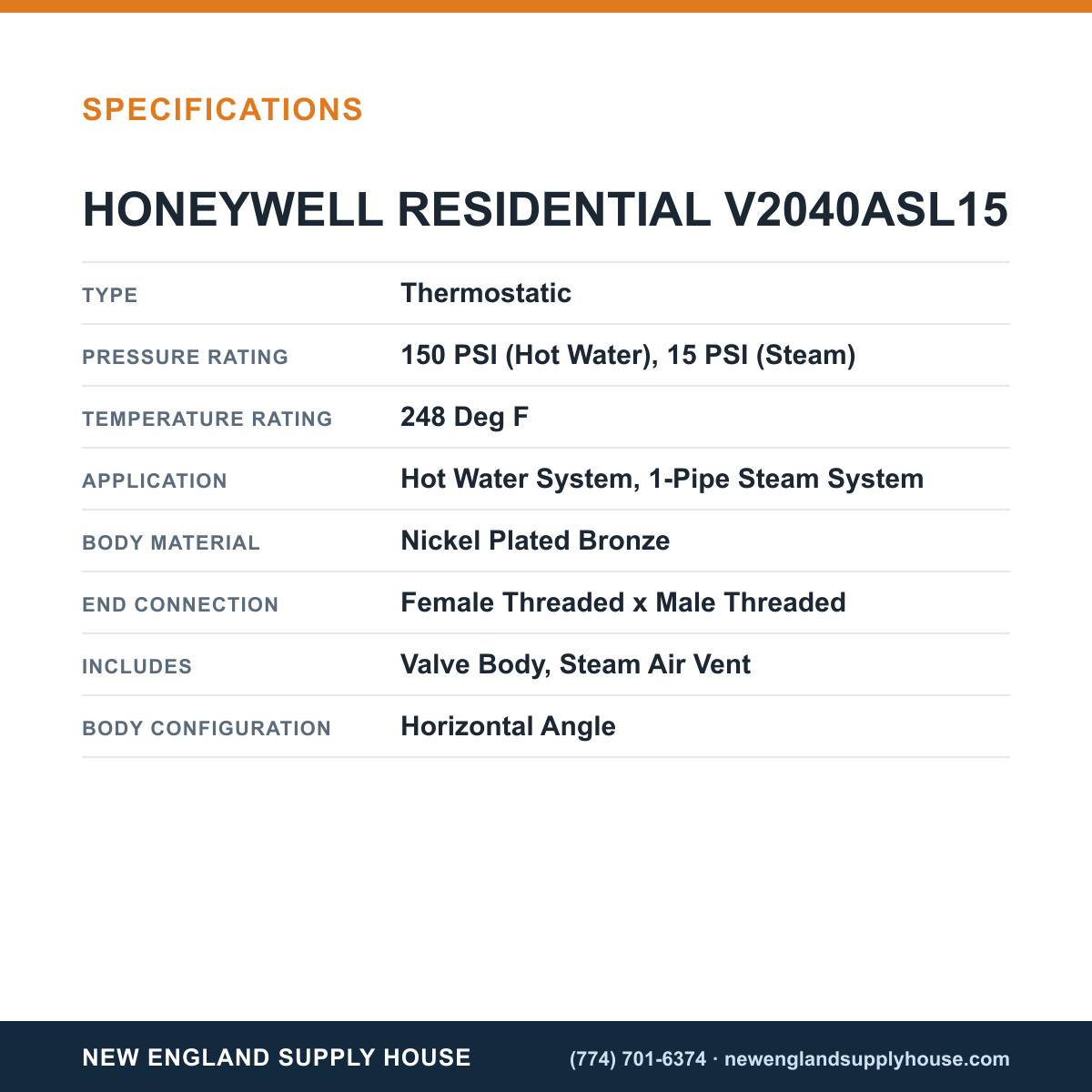 Resideo - Honeywell Home V2040ASL15 Thermostatic Radiator Valve specifications — New England Supply House [NESH-SPECTABLE-V1]