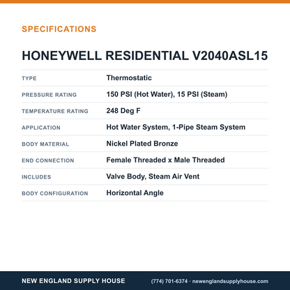 Resideo - Honeywell Home V2040ASL15 Thermostatic Radiator Valve specifications — New England Supply House [NESH-SPECTABLE-V1]