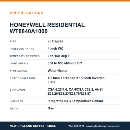 Resideo - Honeywell Home WT8840A1000 Water Heater Control specifications — New England Supply House [NESH-SPECTABLE-V1]