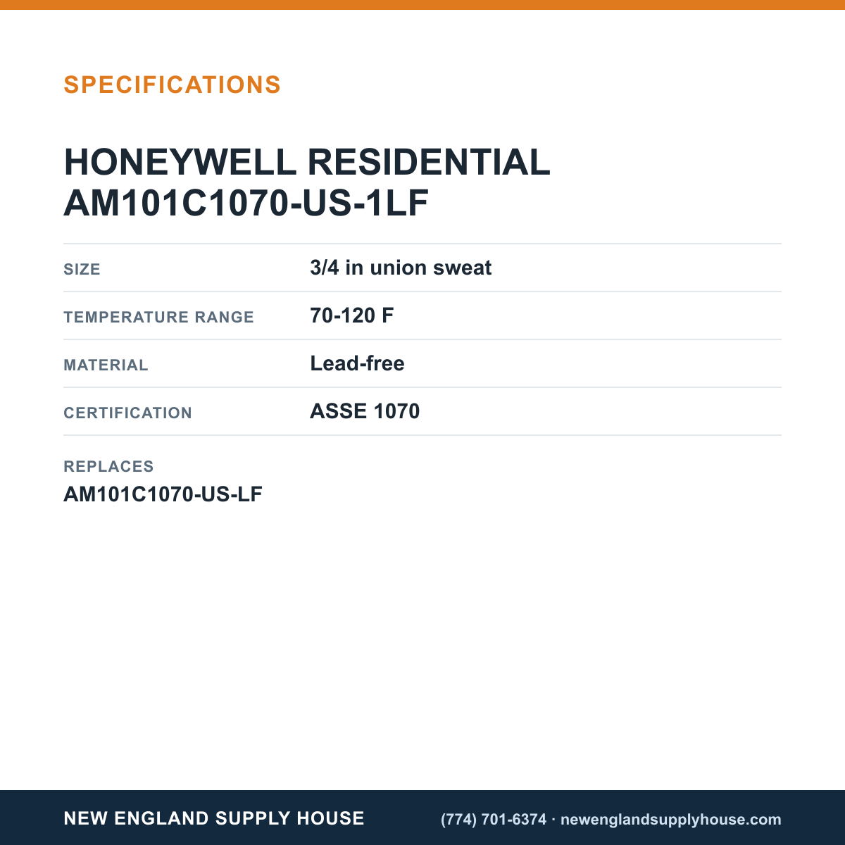 Resideo - Honeywell Home AM101C1070-US-1LF Thermostatic Mixing Valve specifications — New England Supply House [NESH-SPECTABLE-V1]