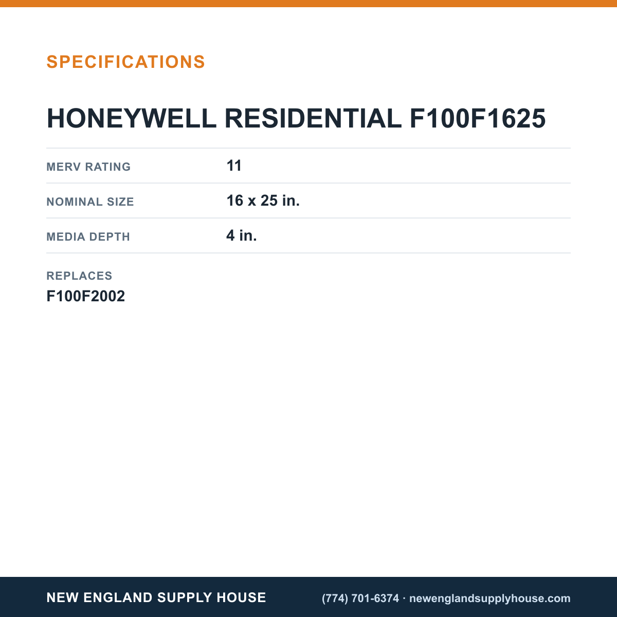 Resideo - Honeywell Home F100F1625 Media Air Filter specifications — New England Supply House [NESH-SPECTABLE-V1]