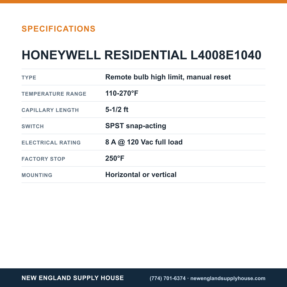 Resideo - Honeywell Home L4008E1040 High Limit Aquastat specifications — New England Supply House [NESH-SPECTABLE-V1]