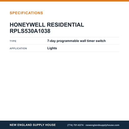 Honeywell Home RPLS530A1038 Programmable Timer Switch specifications — New England Supply House [NESH-SPECTABLE-V1]