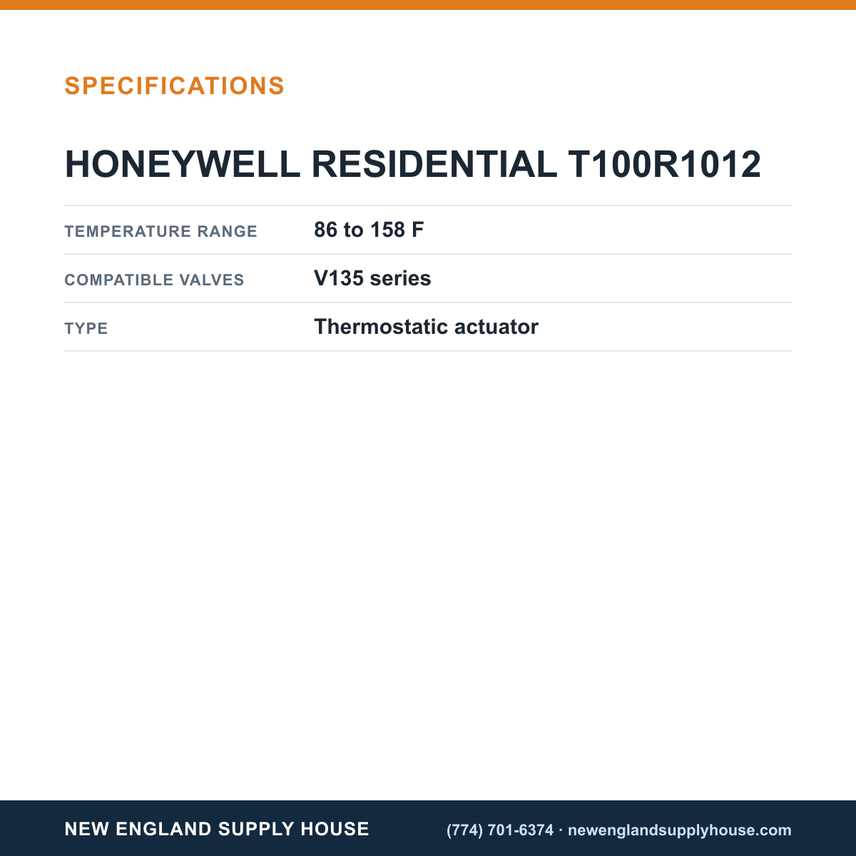 Resideo - Honeywell Home T100R1012 Valve Actuator specifications — New England Supply House [NESH-SPECTABLE-V1]
