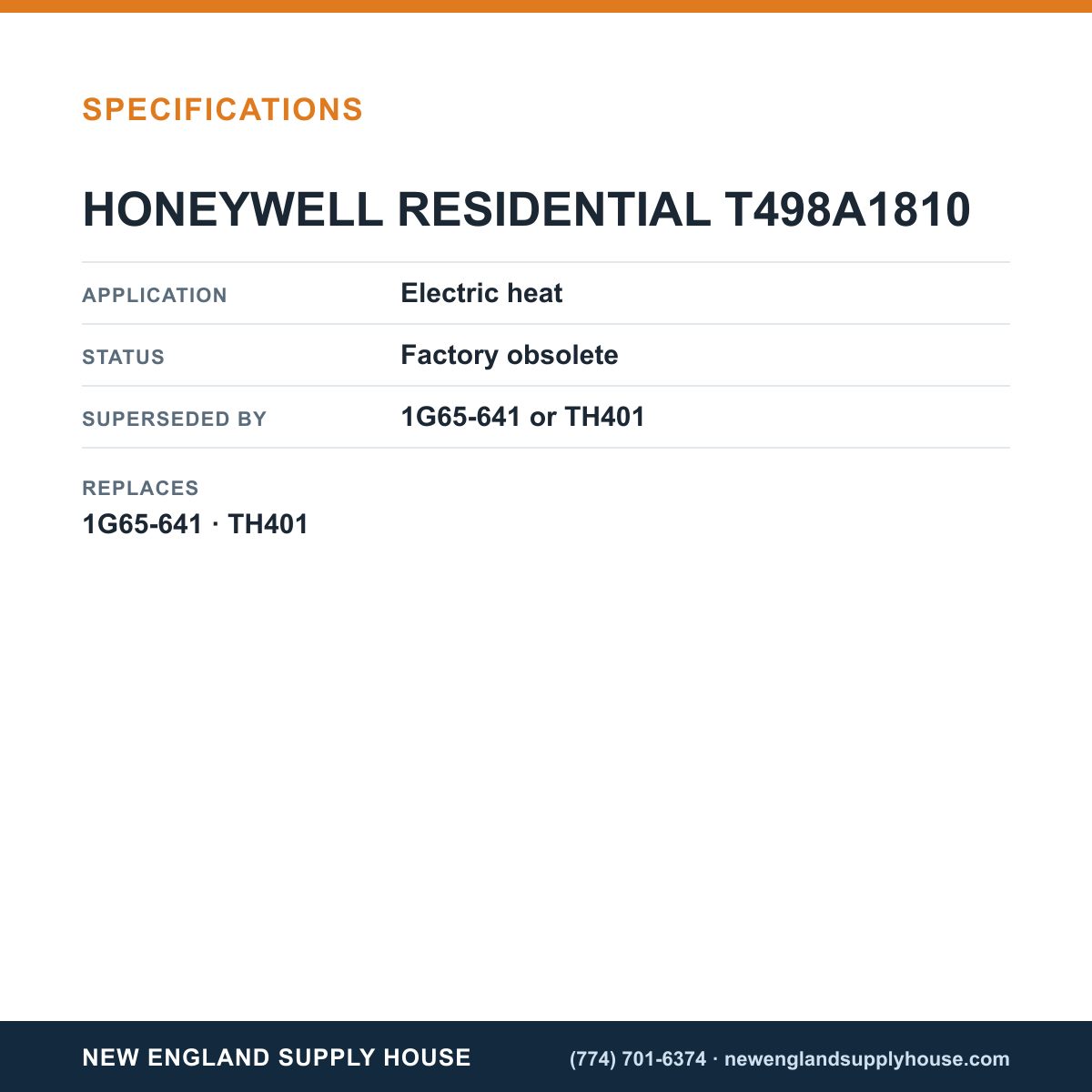 Honeywell Home T498A1810 Thermostat specifications — New England Supply House [NESH-SPECTABLE-V1]