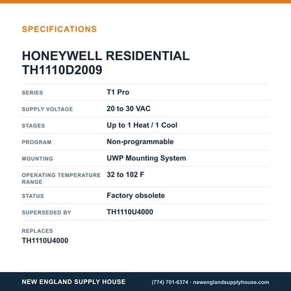 Resideo - Honeywell Home TH1110D2009 Thermostat specifications — New England Supply House [NESH-SPECTABLE-V1]