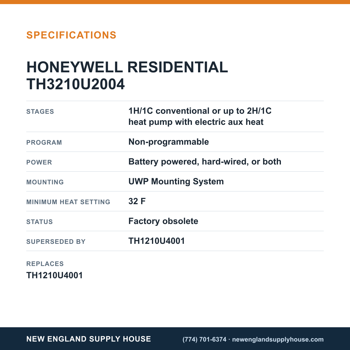 Resideo - Honeywell Home TH3210U2004 Thermostat specifications — New England Supply House [NESH-SPECTABLE-V1]