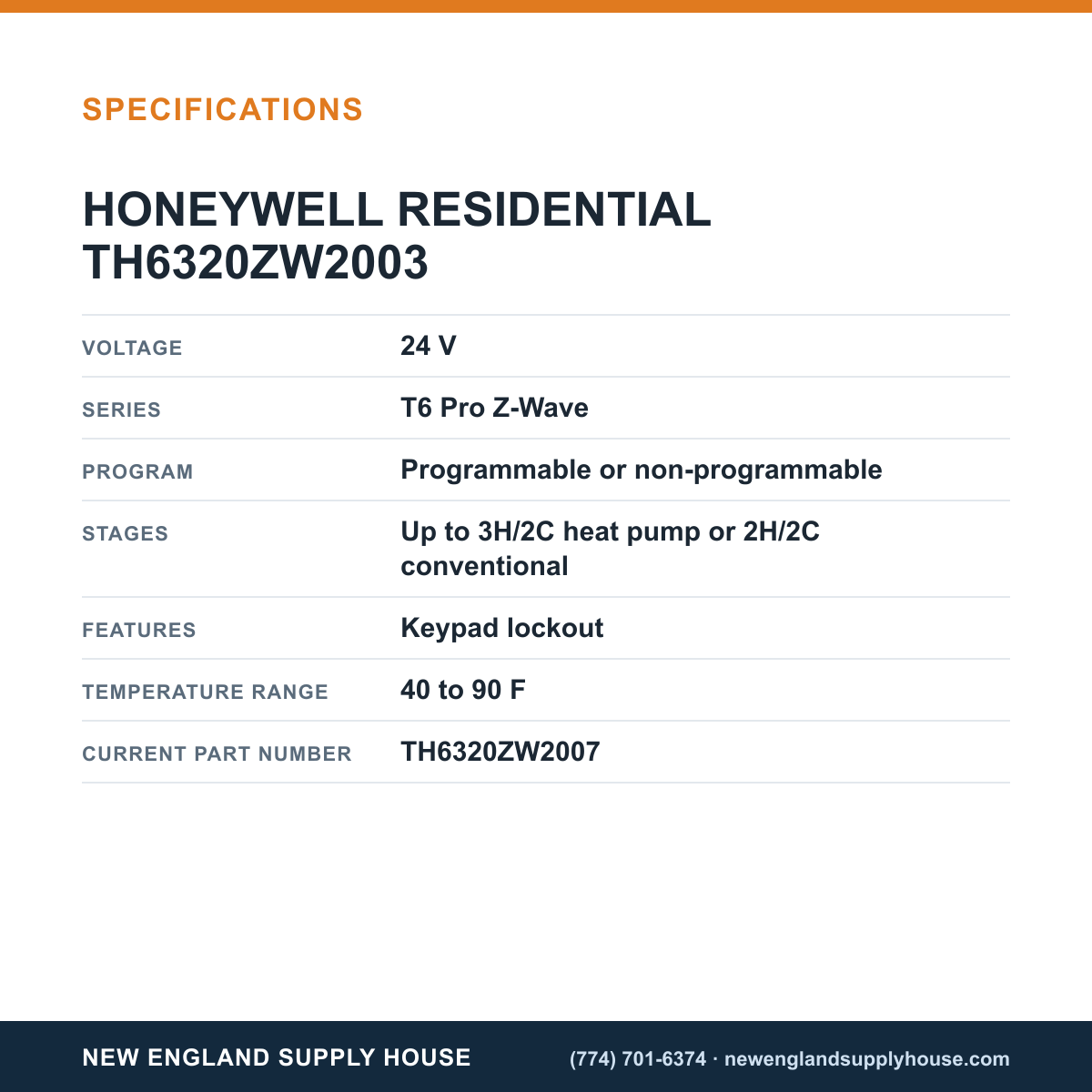 Resideo - Honeywell Home TH6320ZW2003 Thermostat specifications — New England Supply House [NESH-SPECTABLE-V1]