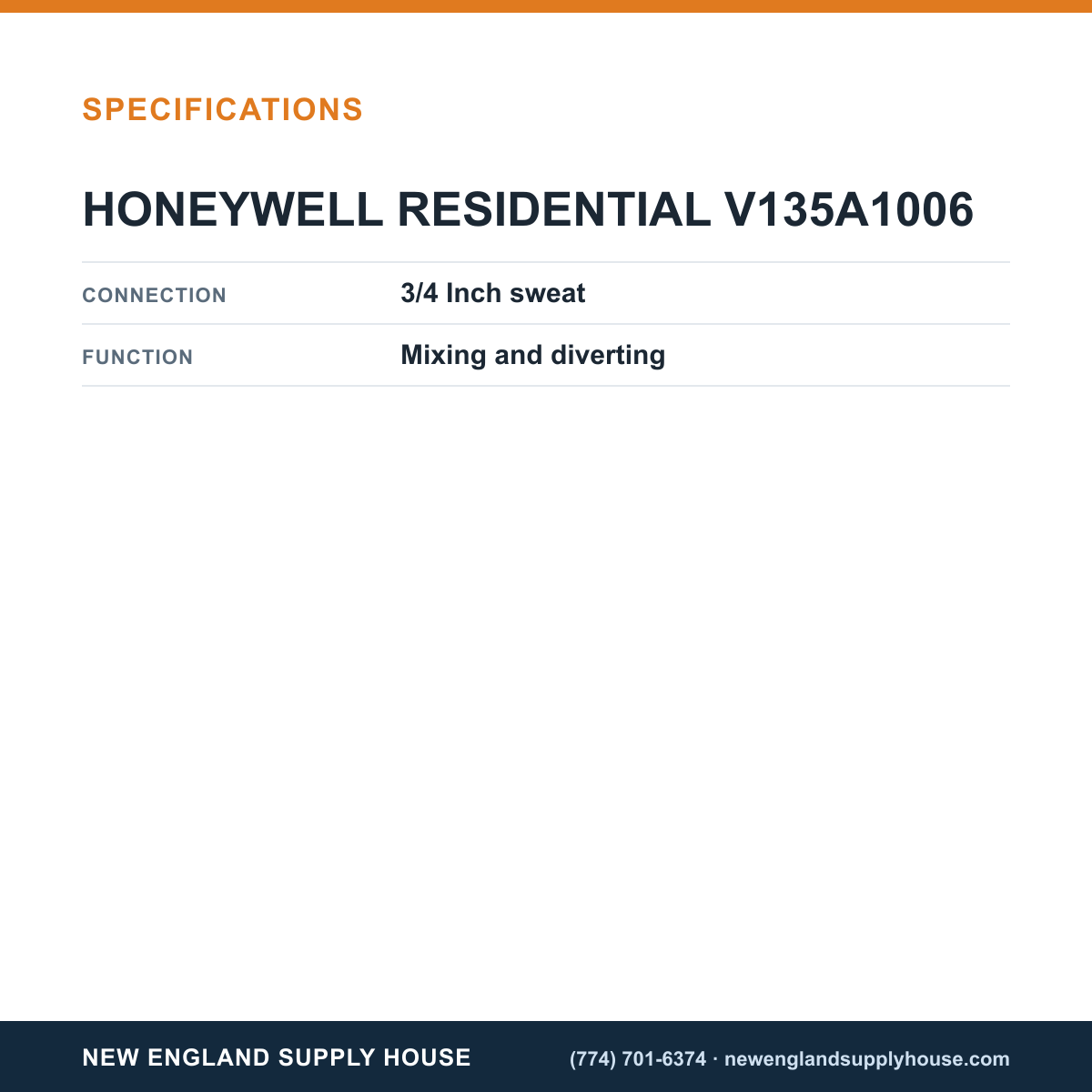 Resideo - Honeywell Home V135A1006 Mix/Diverting Valve specifications — New England Supply House [NESH-SPECTABLE-V1]