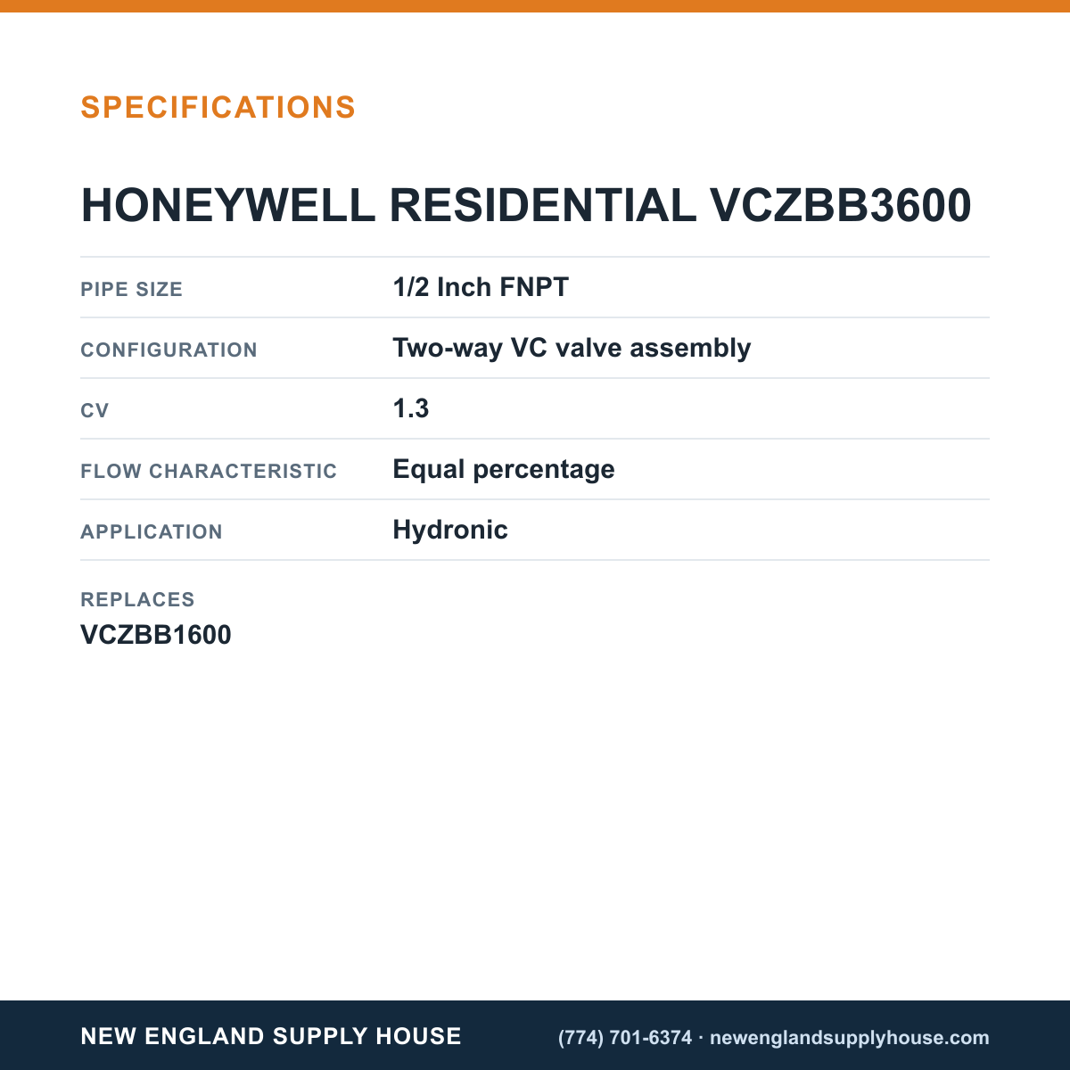 Resideo - Honeywell Home VCZBB3600 Hydronic Valve Assembly specifications — New England Supply House [NESH-SPECTABLE-V1]
