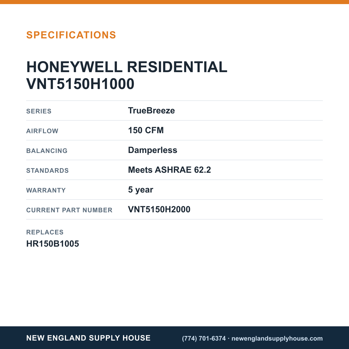 Resideo - Honeywell Home VNT5150H1000 Heat Recovery Ventilator specifications — New England Supply House [NESH-SPECTABLE-V1]