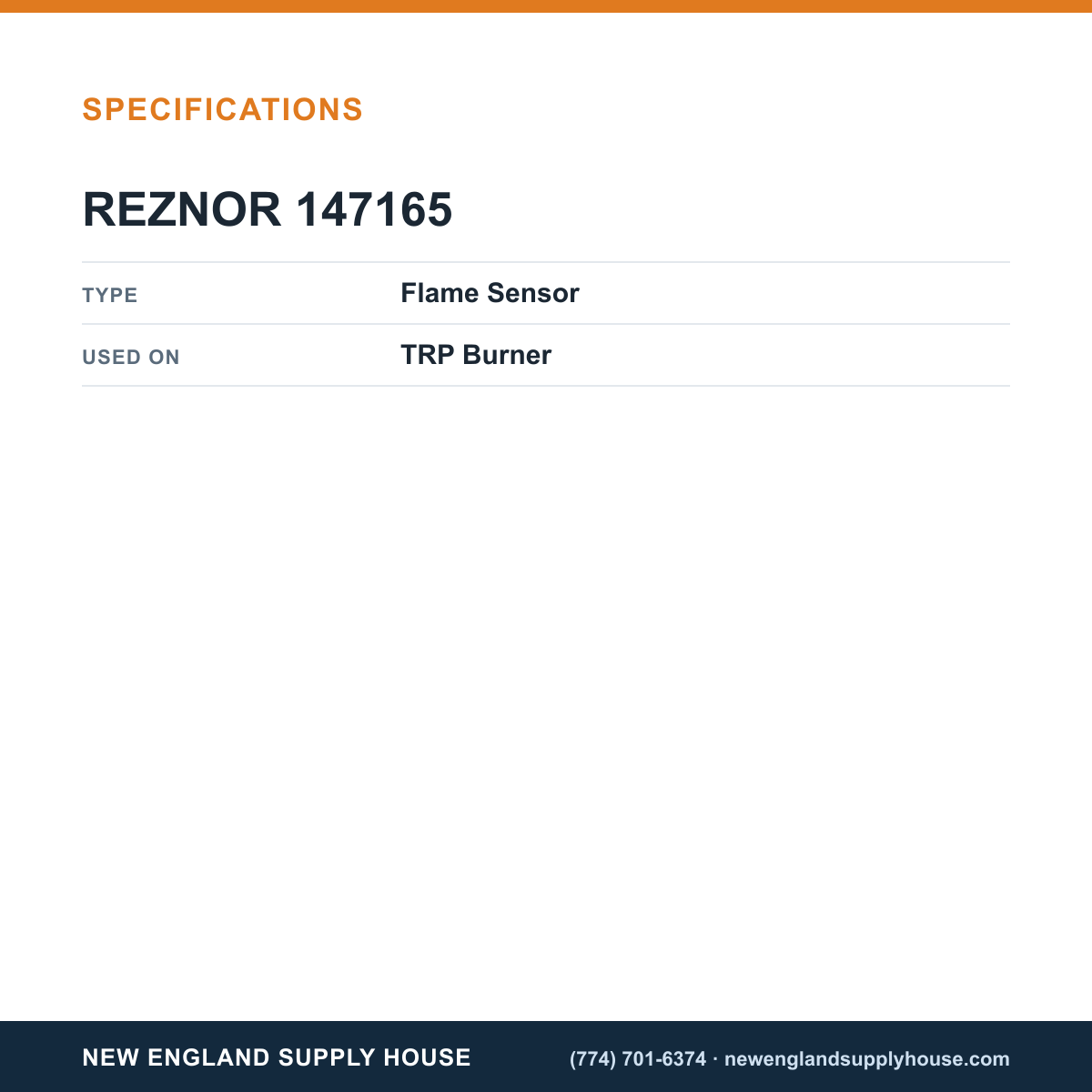Reznor 147165 Burner Flame Sensor specifications — New England Supply House [NESH-SPECTABLE-V1]