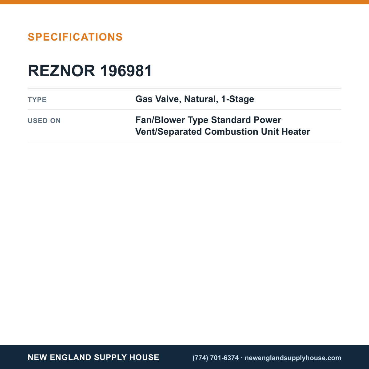 Reznor 196981 Unit Heater Gas Valve specifications — New England Supply House [NESH-SPECTABLE-V1]
