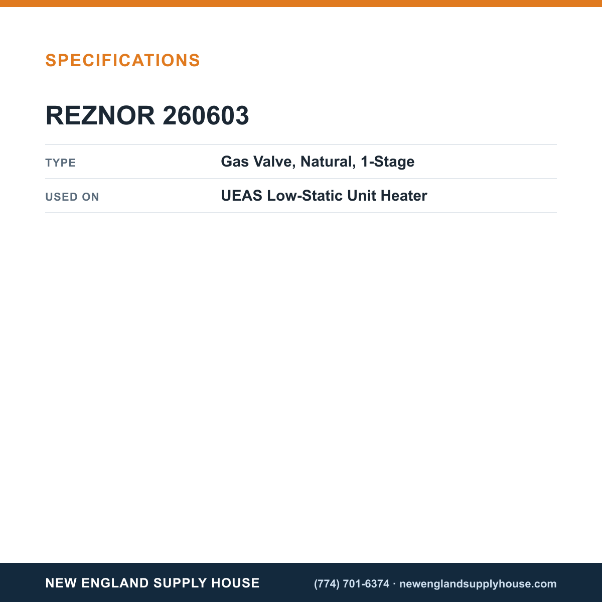 Reznor 260603 Unit Heater Gas Valve specifications — New England Supply House [NESH-SPECTABLE-V1]