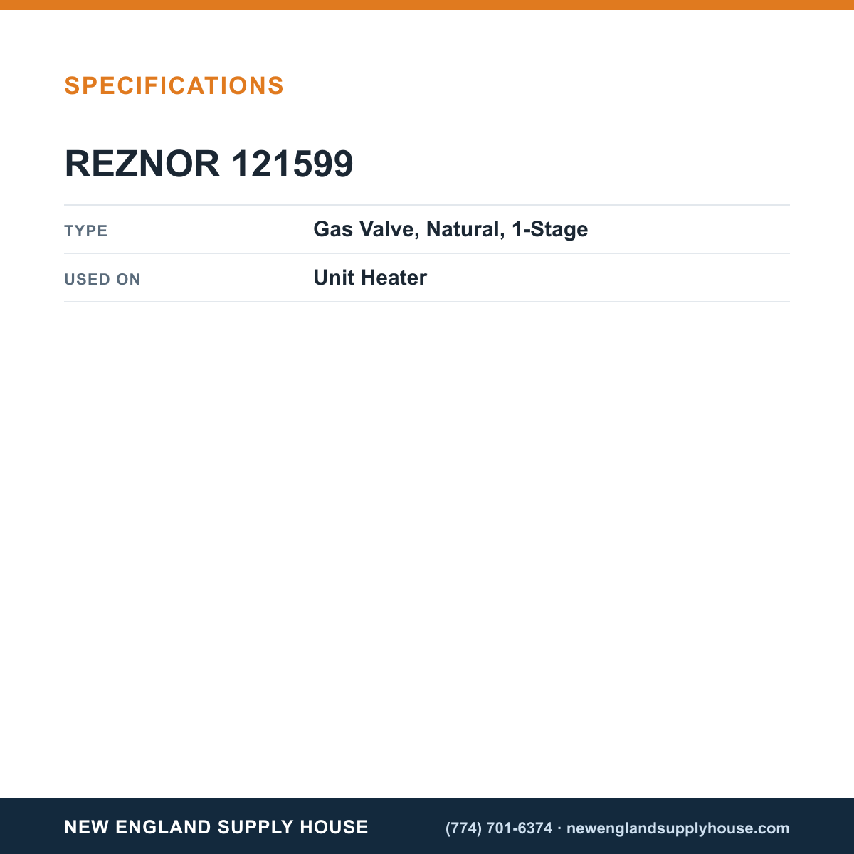 Reznor 121599 Unit Heater Gas Valve specifications — New England Supply House [NESH-SPECTABLE-V1]