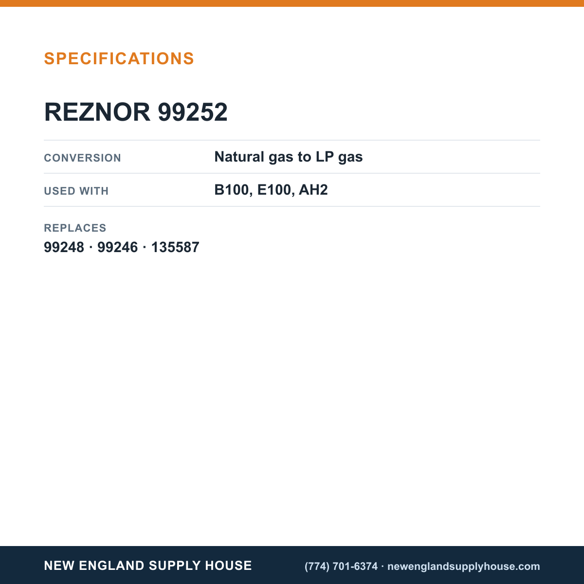 Reznor 99252 Gas Conversion Kit specifications — New England Supply House [NESH-SPECTABLE-V1]