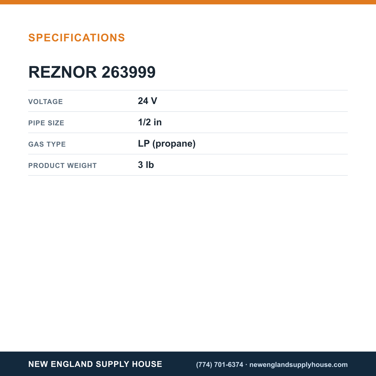 Reznor 263999 Gas Valve specifications — New England Supply House [NESH-SPECTABLE-V1]