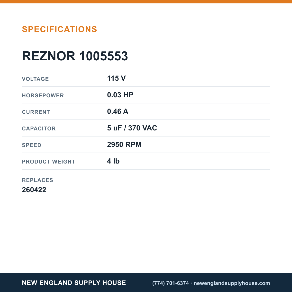 Reznor 1005553 Venter Motor specifications — New England Supply House [NESH-SPECTABLE-V1]