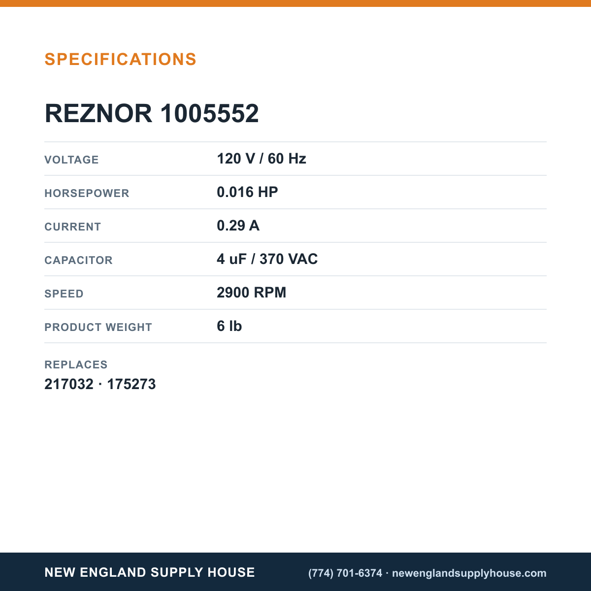REZNOR 1005552 Venter Motor specifications — New England Supply House [NESH-SPECTABLE-V1]