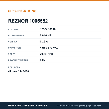 REZNOR 1005552 Venter Motor specifications — New England Supply House [NESH-SPECTABLE-V1]