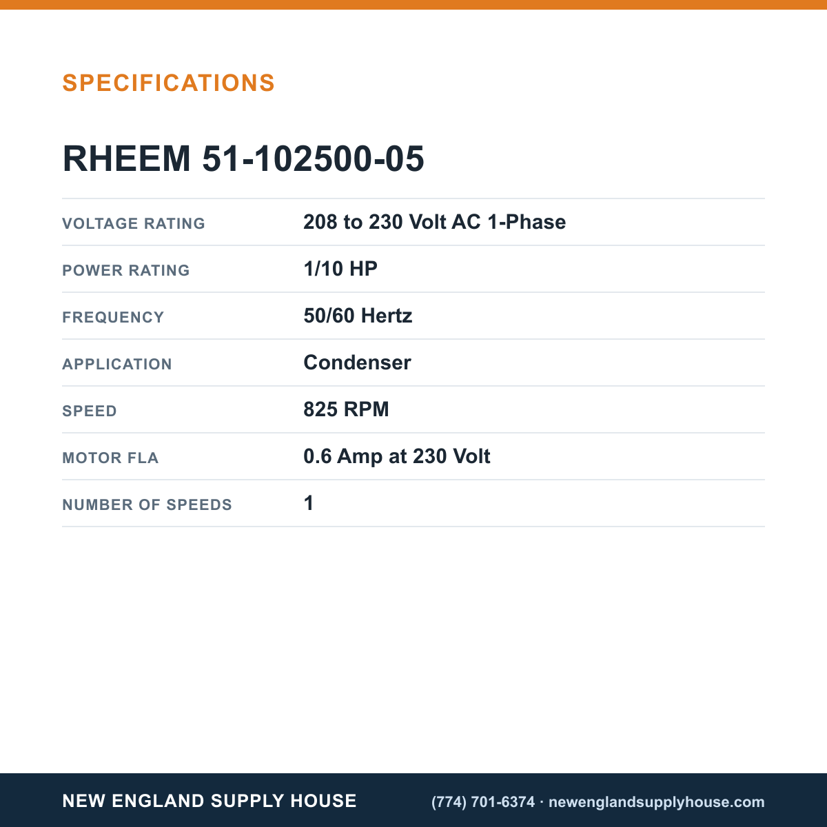 Rheem Furnace Parts 51-102500-05 Condenser Motor specifications — New England Supply House [NESH-SPECTABLE-V1]