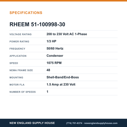 Rheem Furnace Parts 51-100998-30 Condenser Motor specifications — New England Supply House [NESH-SPECTABLE-V1]
