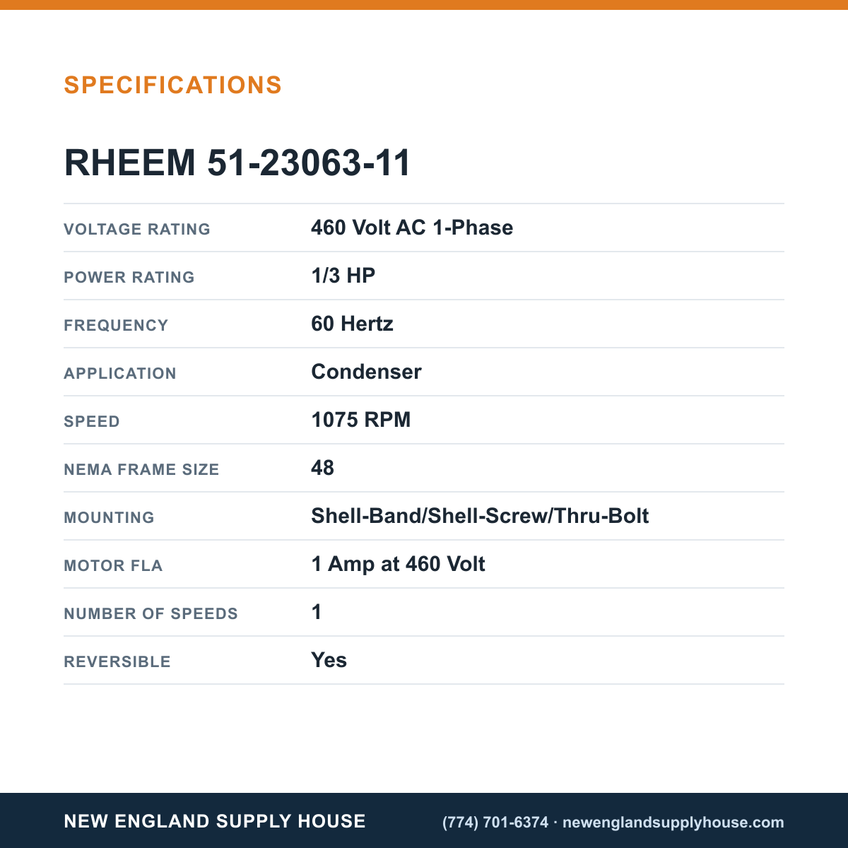 Rheem Furnace Parts 51-23063-11 Condenser Motor specifications — New England Supply House [NESH-SPECTABLE-V1]