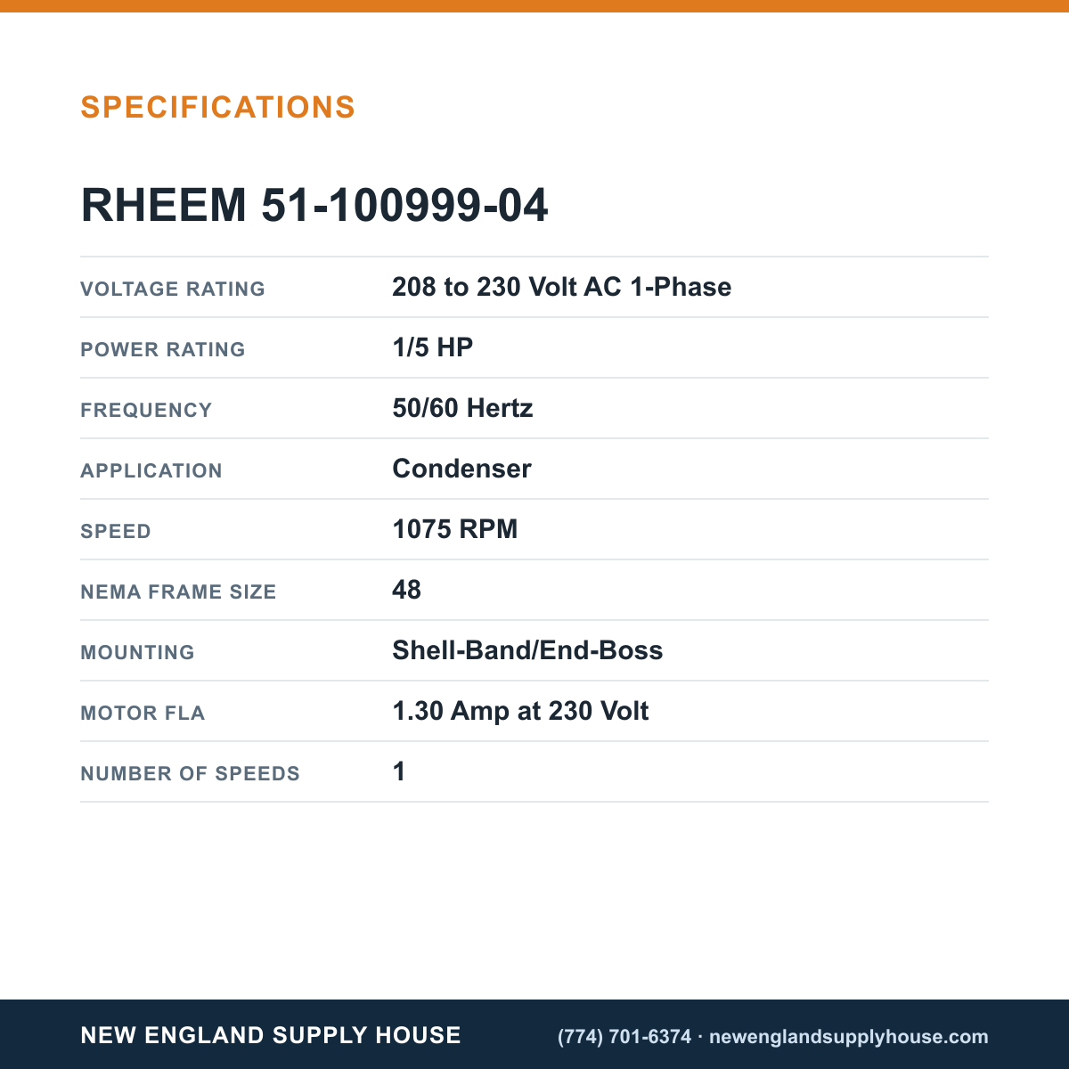 Rheem Furnace Parts 51-100999-04 Condenser Motor specifications — New England Supply House [NESH-SPECTABLE-V1]