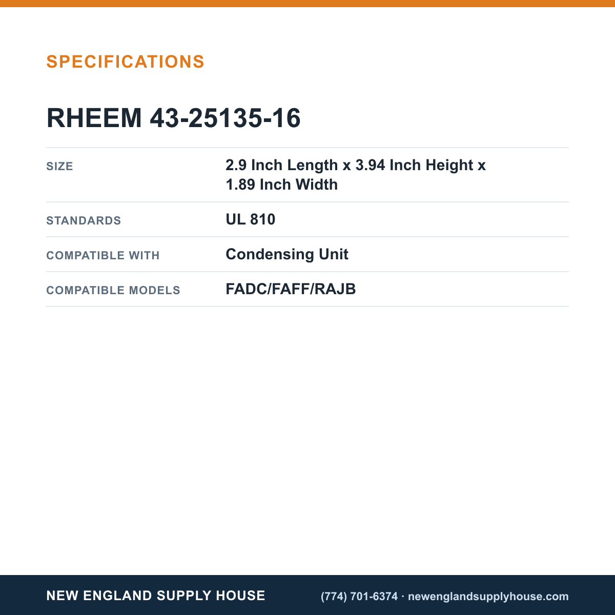 Rheem Furnace Parts 43-25135-16 Condensing Unit Dual Capacitor specifications — New England Supply House [NESH-SPECTABLE-V1]