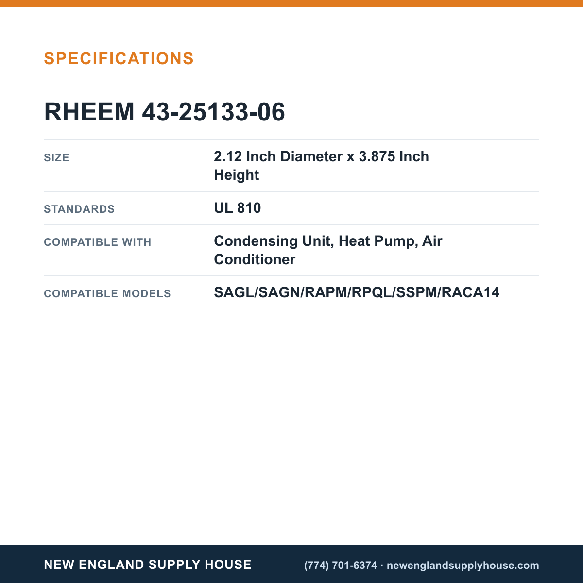 Rheem Furnace Parts 43-25133-06 Condensing Unit Dual Capacitor specifications — New England Supply House [NESH-SPECTABLE-V1]