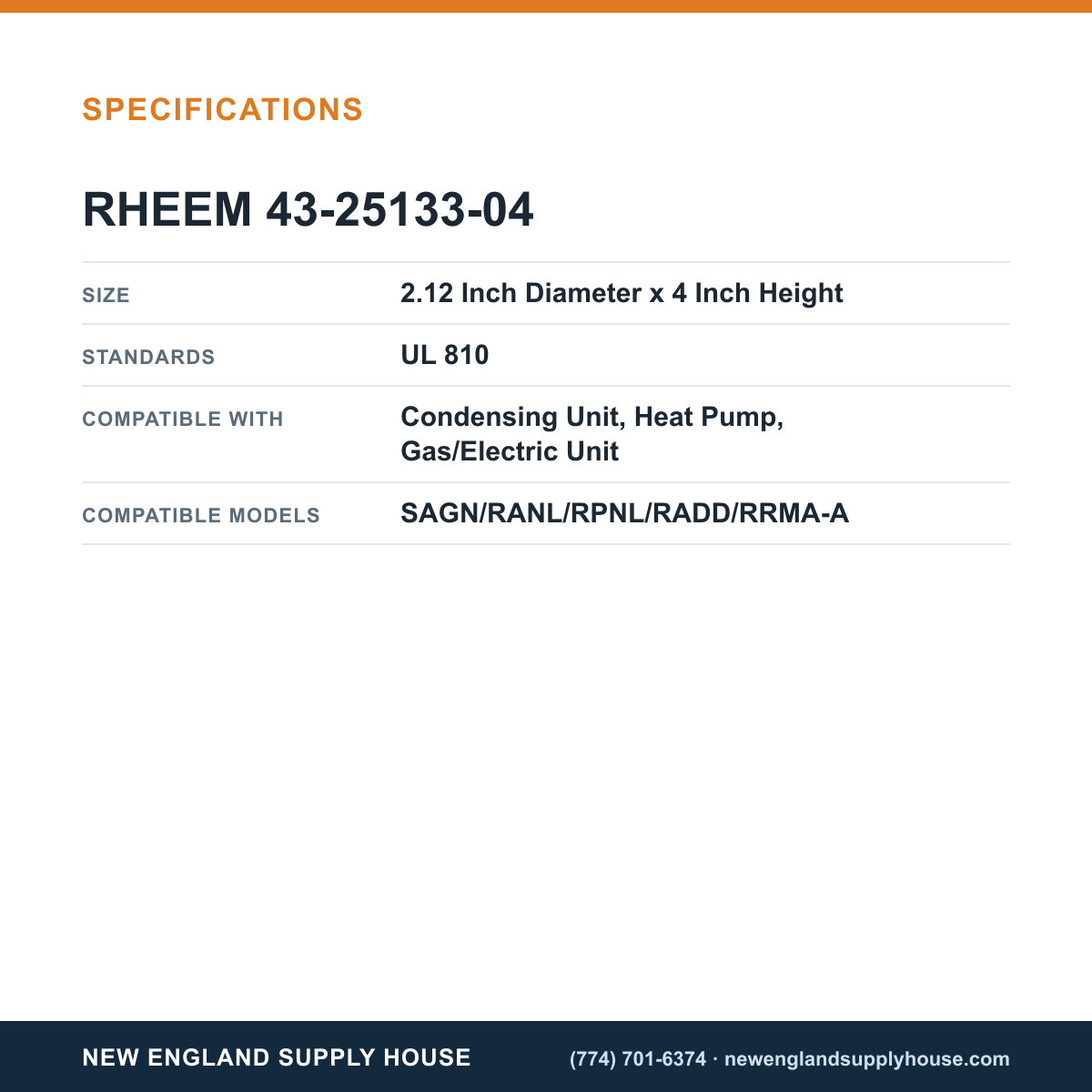 Rheem Furnace Parts 43-25133-04 Condensing Unit Dual Capacitor specifications — New England Supply House [NESH-SPECTABLE-V1]